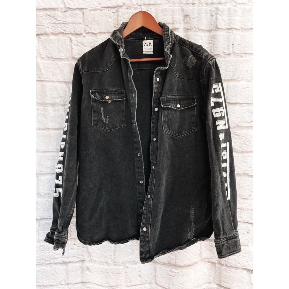 Zara Mens Black Denim Overshirt Text Print Graphic Black Distressed Snap Button - Picture 2 of 4